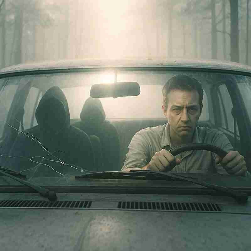 A recruit driving, hooded figures in the back seat