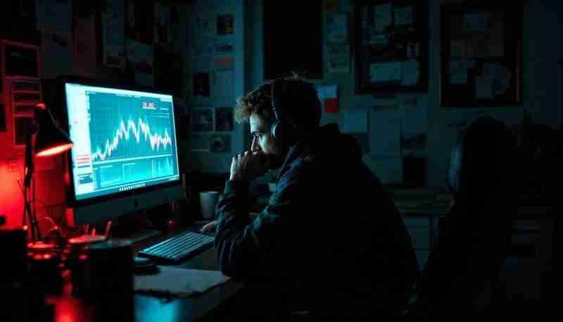 A lone figure studying a chart by monitor light
